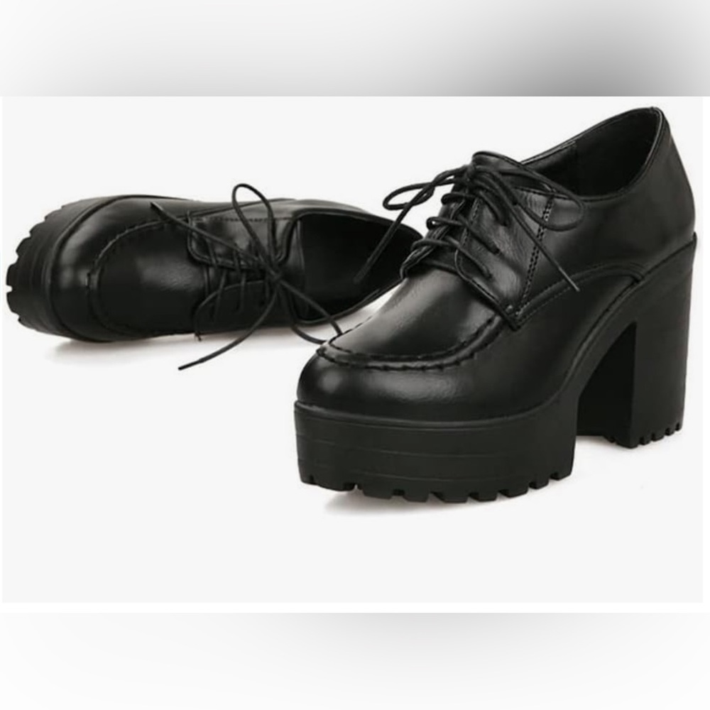 👠 NWOB BUTITI Platform Lace Up Chunky Pumps Black Size 36 (5-5.5)